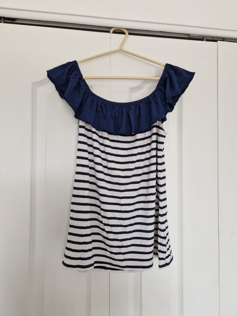 Striped Off-Shoulder Ruffle Top in Navy and White
